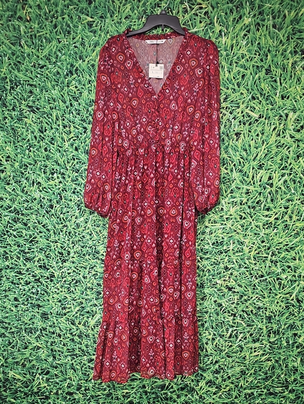 Zara Red Patterned V-Neck Long Sleeve Maxi Dress